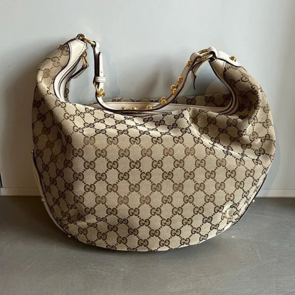 Gucci Biba Monogram Canvas Studded Hobo Bag